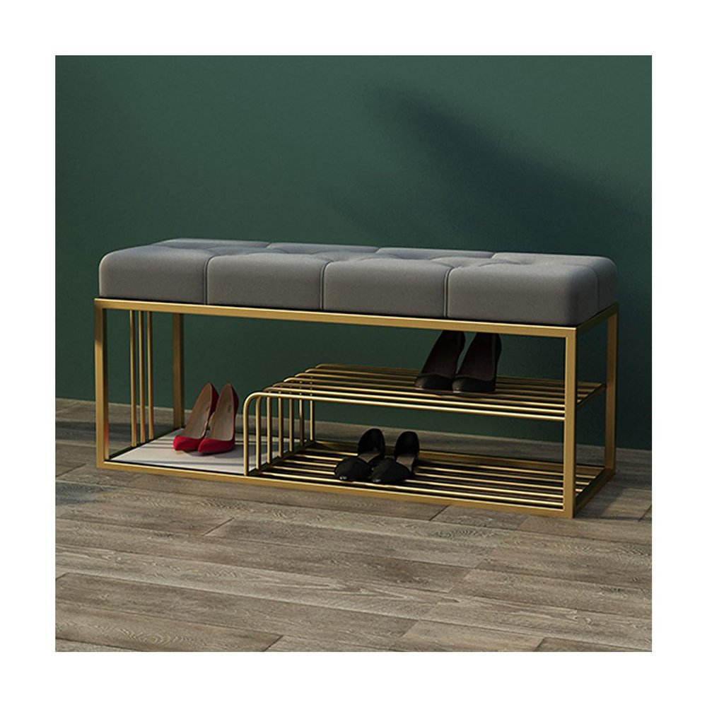 MARIYCH Modern Metal Velvet Seat Cushion Shoe Bench, 3-Tier Entryway Hallway Shoe Rack Bench, Grey