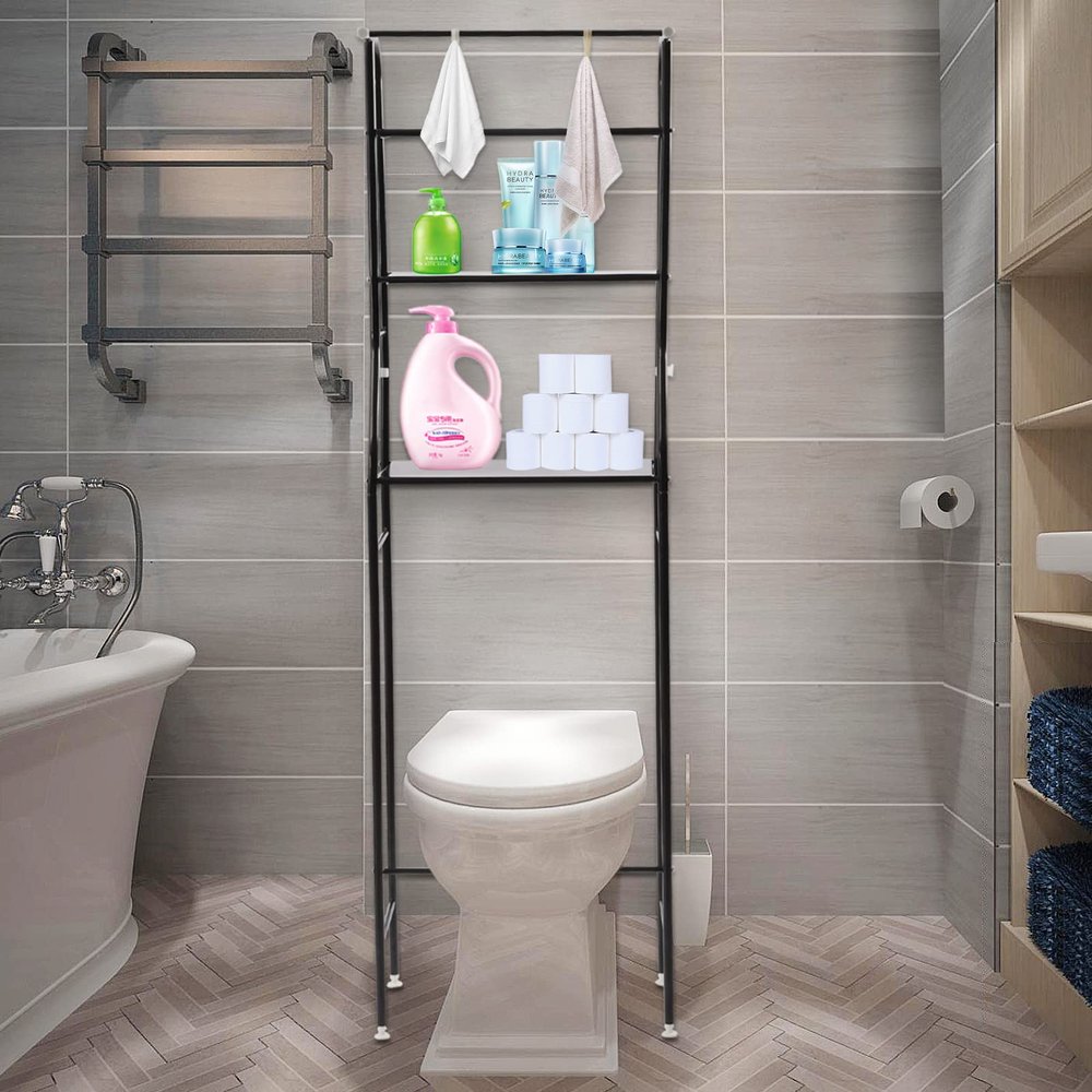 ILWorkTLs 3 Tier Over The Toilet Storage,Over Toilet Rack,Bathroom Organizer Toilet Shelf,Bathroom Stand Over Toilet with 2 Hooks,Black