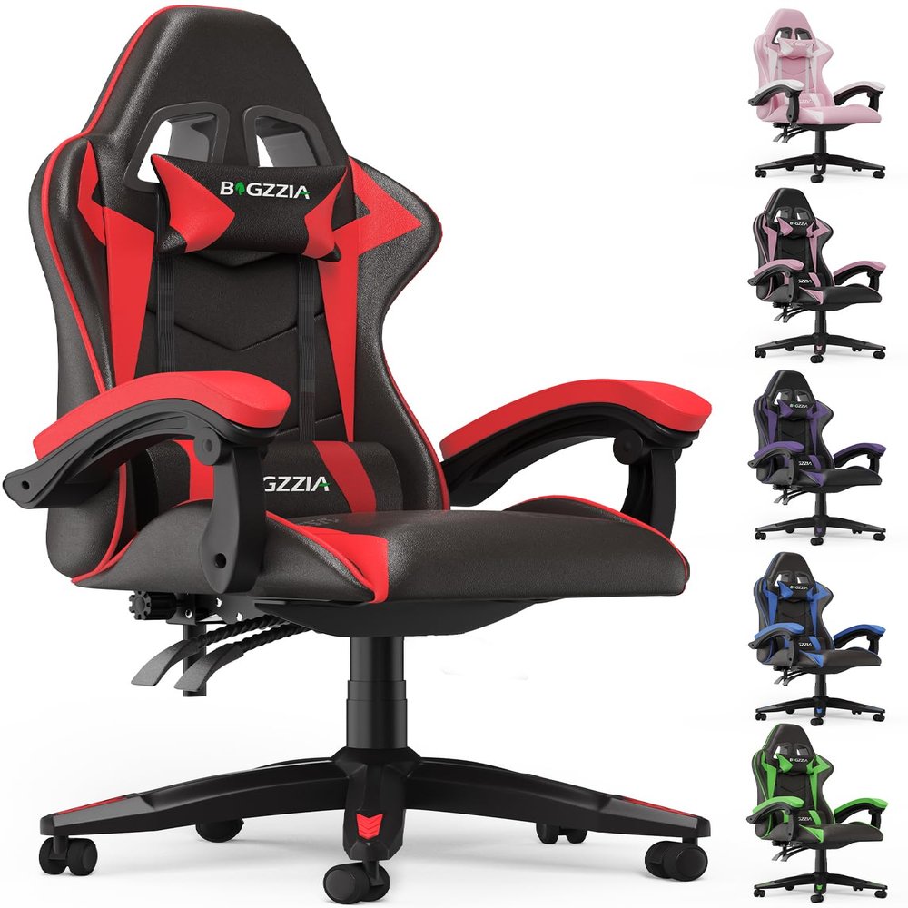 Bigzzia Gaming Chair, Computer Game Chair with Lumbar Support, Comfortable Video Game Chairs for Adults Kids, Racing Style Gamer Chair with 360-Swivel Seat and Headrest Red
