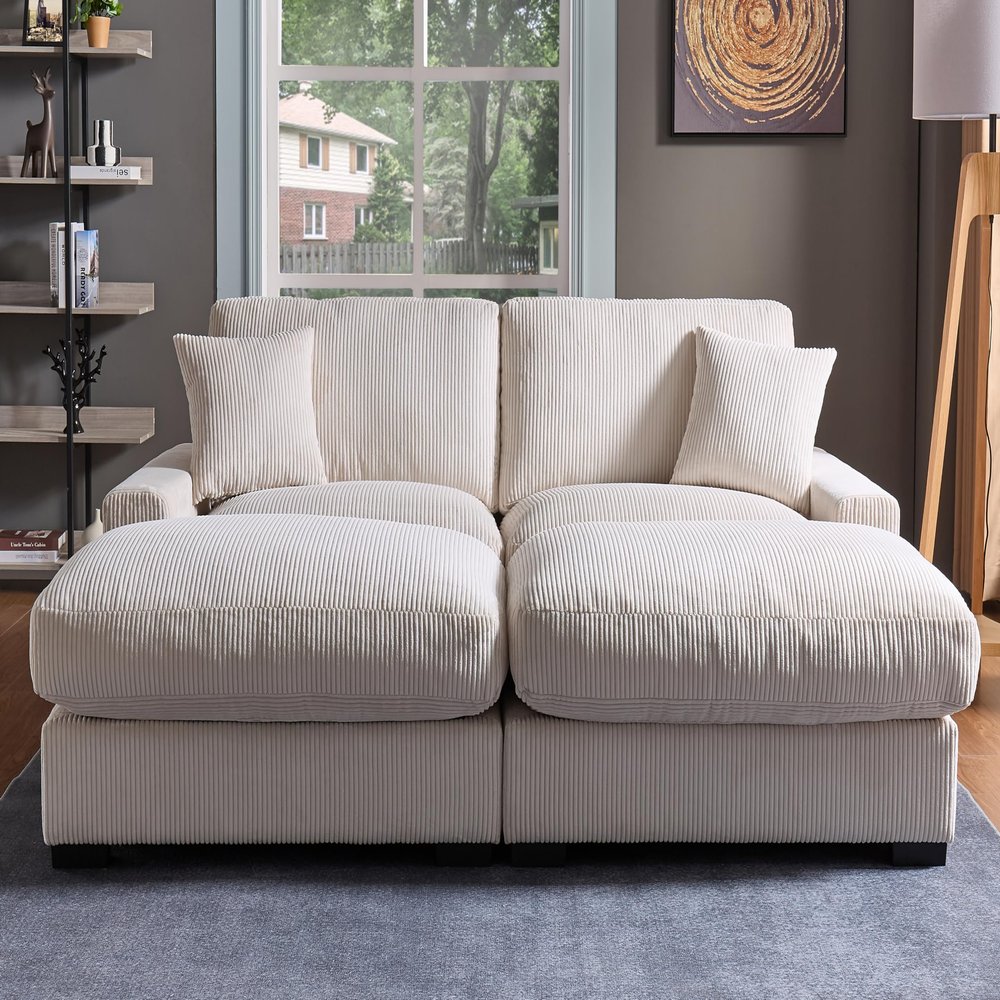 KEVINSPACE Modern Sectional Sofa for Living Room Deep Seat Couch with Moveable Ottoman 84.5" Modern Comfy Sleeper Sofa Double-Upholstered Modular Sofa Wide Loveseat Couches Apartment Bedroom Beige