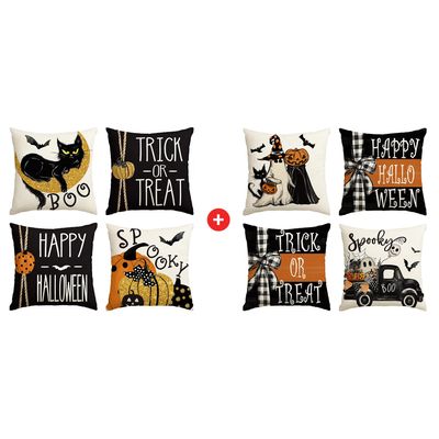 AVOIN colorlife Happy Halloween Boo Black Cat Trick or Treat Throw Pillow Covers, 18 x 18 Inch Stripe Truck Pumpkin Spooky Cushion Case for Sofa Couch Set of 8