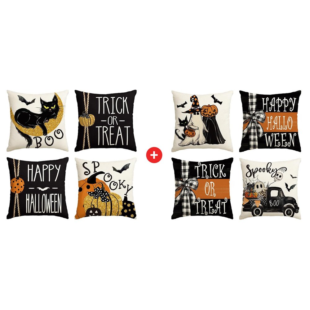 AVOIN colorlife Happy Halloween Boo Black Cat Trick or Treat Throw Pillow Covers, 18 x 18 Inch Stripe Truck Pumpkin Spooky Cushion Case for Sofa Couch Set of 8