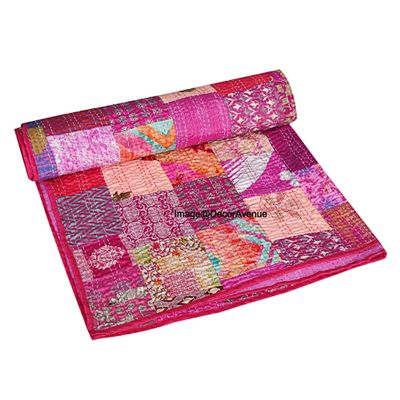 DecorAvenue Patchwork Kantha Quilt,Throw, Handmade Silk Bed Cover,Bedding Bedspread,Vintage Hand Stitch Gudri, Decorative Beach Blanket (Pink, Twin 60" x 90")