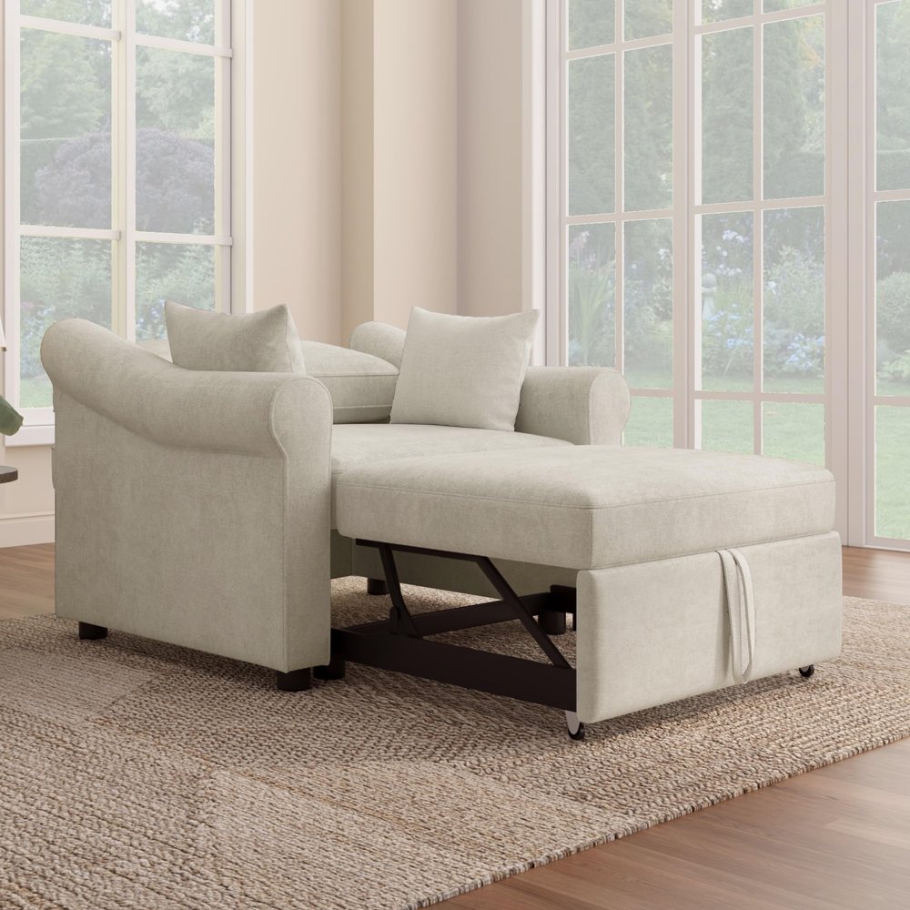 CKLMMC Modern Convertible Sleeper Chair with Adjustable Backrest, 3 in 1 Lounger Chair Turns Into Bed, Chenille Single Bed for Living Room Bedroom and Office (Beige/3 in 1)