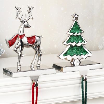 Houdezhu Christmas Stocking Holders for Mantel Set of 2,Reindeer Stocking Holders for Fireplace Mantel Hooks Xmas Tree Christmas Stocking Hangers,Stockings Clip for Christmas Decor (Silver Tree Deer)