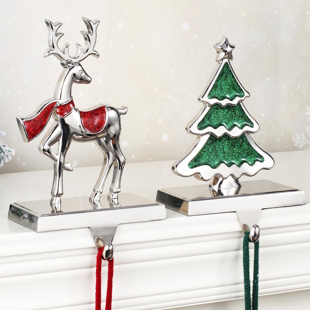 Houdezhu Christmas Stocking Holders for Mantel Set of 2,Reindeer Stocking Holders for Fireplace Mantel Hooks Xmas Tree Christmas Stocking Hangers,Stockings Clip for Christmas Decor (Silver Tree Deer)