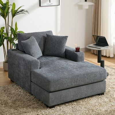 Chaise Lounge Chair Indoor, 43.5" W Chenille Fabric Upholstered Modern Sofa Couch With Pillows, Charge Station & Cup Holders, Comfy Reclining Sleeper Chair For Living Room, Office (Blue Gray, 43.5")