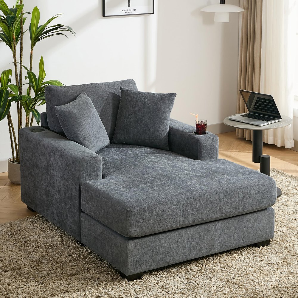 Chaise Lounge Chair Indoor, 43.5" W Chenille Fabric Upholstered Modern Sofa Couch With Pillows, Charge Station & Cup Holders, Comfy Reclining Sleeper Chair For Living Room, Office (Blue Gray, 43.5")
