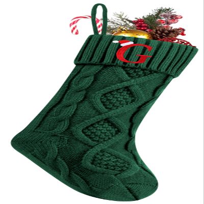 Personalized Christmas Stockings with Initials, 18 Inches Large Embroidered Monogrammed Cable Knit Christmas Stocking for Family, Xmas Holiday Party Gifts & Decoration for Fireplace(Green,Letter G)