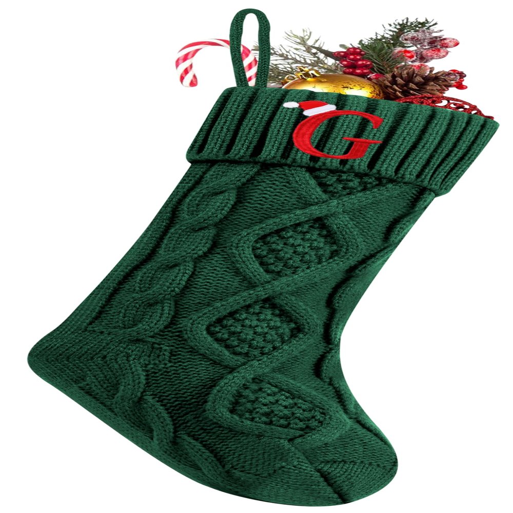 Personalized Christmas Stockings with Initials, 18 Inches Large Embroidered Monogrammed Cable Knit Christmas Stocking for Family, Xmas Holiday Party Gifts & Decoration for Fireplace(Green,Letter G)