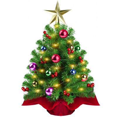 Viretec Small Tabletop Christmas Tree, 22 Inch Mini Artificial Prelit Christmas Tree Decorated with Warm Lights, Colorful Ornaments, Star Treetop, Red Berries and Cloth Bag Base for Holiday Decoration