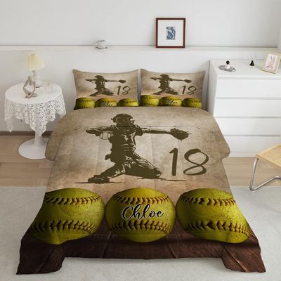Custom Retro Softball Catcher Comforter, Softball Comforter Set Twin Full Queen King, Softball Bed Softball Player Bedspread Softball Quilt Microfiber Ultra Soft Lightweight Softball Sheets for Girls