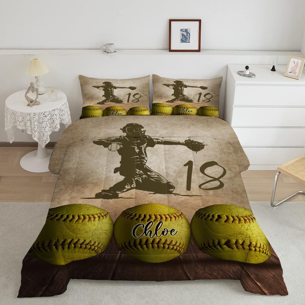 Custom Retro Softball Catcher Comforter, Softball Comforter Set Twin Full Queen King, Softball Bed Softball Player Bedspread Softball Quilt Microfiber Ultra Soft Lightweight Softball Sheets for Girls