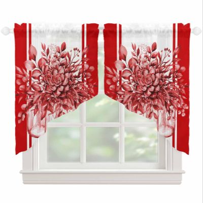 Chiffon Swag Curtain Valances Red White Stripe Rod Pocket Kitchen Curtain Voile Scalloped Window Valances for Window Spring Summer Eucalyptus Leaves Floral Swag Curtain for Living Room 36"x36"x2
