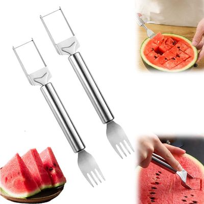 2-in-1 Stainless Steel Fruit Cutter, 2025 New Dual Head Fruit Forks Slicer Watermelon Tool, Cube Cutter Watermelon Fork Slicer Cutter for Home, Kitchen, Camping(2PCS)