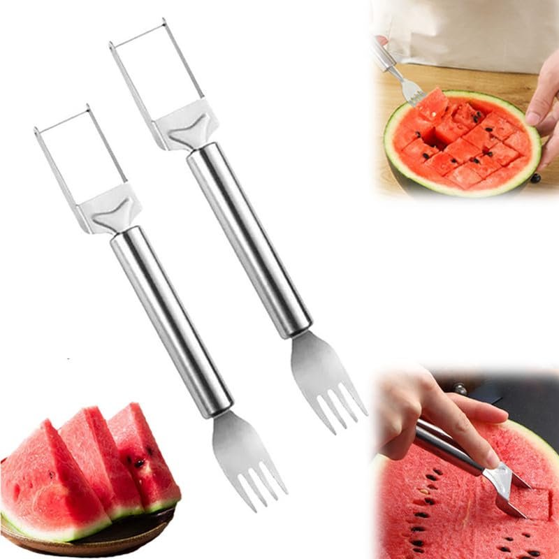 2-in-1 Stainless Steel Fruit Cutter, 2025 New Dual Head Fruit Forks Slicer Watermelon Tool, Cube Cutter Watermelon Fork Slicer Cutter for Home, Kitchen, Camping(2PCS)
