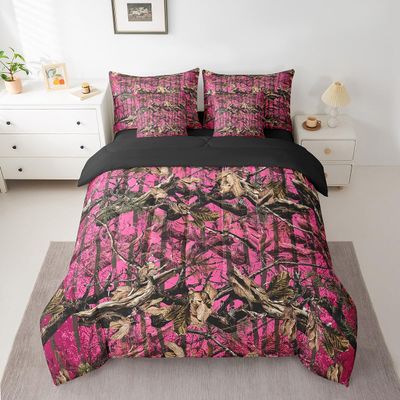 Feelyou Pink Camouflage Queen Comforter Set with Sheets All Purpose Camo 7 Pieces Bedding Set for Hunters Cabin or Rustic Lodge Boys Girls Rustic Farmhouse Bed in a Bag The Woods Camouflage Bed Set