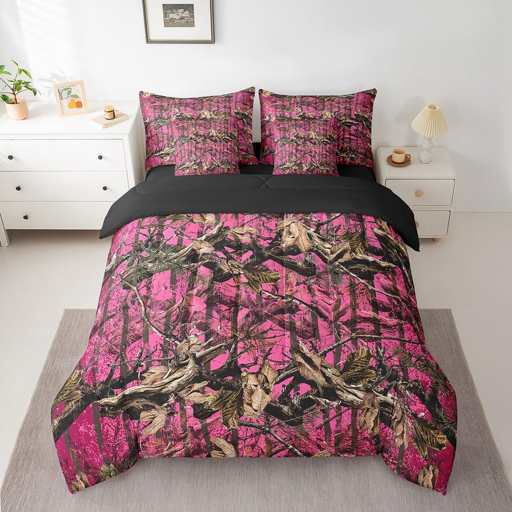 Feelyou Pink Camouflage Queen Comforter Set with Sheets All Purpose Camo 7 Pieces Bedding Set for Hunters Cabin or Rustic Lodge Boys Girls Rustic Farmhouse Bed in a Bag The Woods Camouflage Bed Set