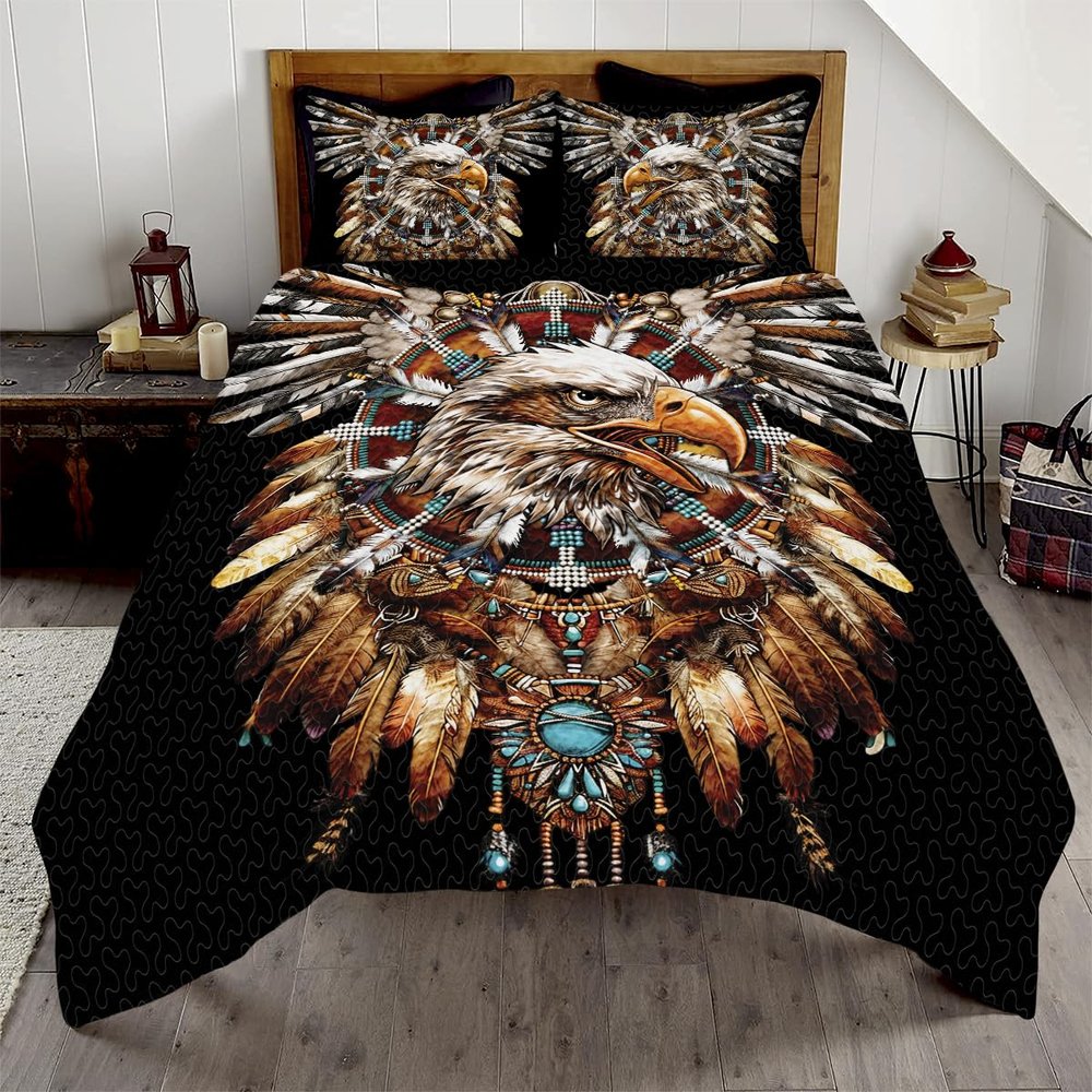 Jeminise Native Eagle Quilt Bed Set - Full/Twin/Queen, Eagle Print Western Bedding Set, Native Lover Bedroom Decor Gift