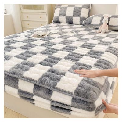 ZGSYH Luxury Mattress Covers,Velvet Checkered Bedding Mattress Protector,12'' Deep Pocket Machine Washable Mattress Ftted Sheet for Twin Full Queen King California King Size Bed(Gray,79 * 87in)