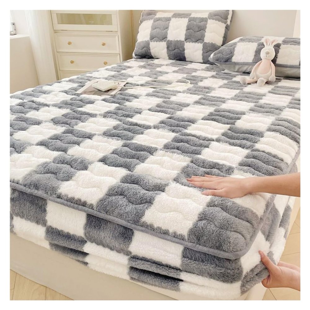 ZGSYH Luxury Mattress Covers,Velvet Checkered Bedding Mattress Protector,12'' Deep Pocket Machine Washable Mattress Ftted Sheet for Twin Full Queen King California King Size Bed(Gray,79 * 87in)