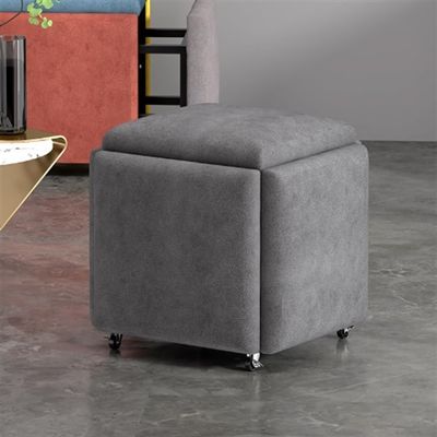 GOIPNGPK 5 in 1 Multifunctional Pouf Stool, Grey, 13.8" Square, Fabric Top & Metal Base, Modern Style, Easy to Clean, Swivel Casters