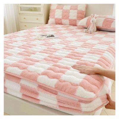 ZGSYH Luxury Mattress Covers,Velvet Checkered Bedding Mattress Protector,12'' Deep Pocket Machine Washable Mattress Ftted Sheet for Twin Full Queen King California King Size Bed(Pink,79 * 87in)