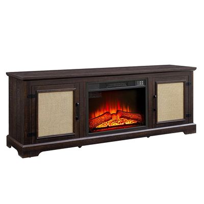 65" TV Stand for TV Up to 75",Boho Entertainment Center with 23" Electric Fireplace Heater, Rattan Decorated Console Table Storage Cabinet for Living Room, Bedroom, Espresso