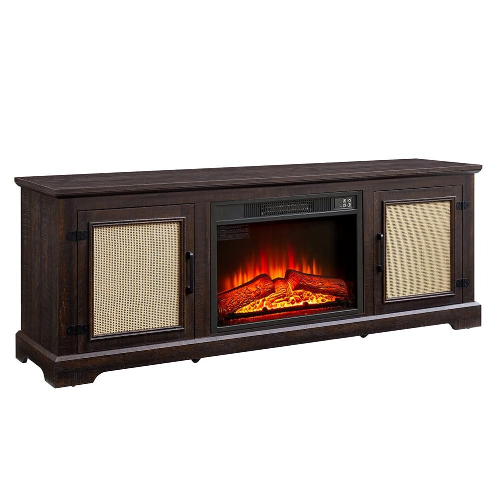 65" TV Stand for TV Up to 75",Boho Entertainment Center with 23" Electric Fireplace Heater, Rattan Decorated Console Table Storage Cabinet for Living Room, Bedroom, Espresso