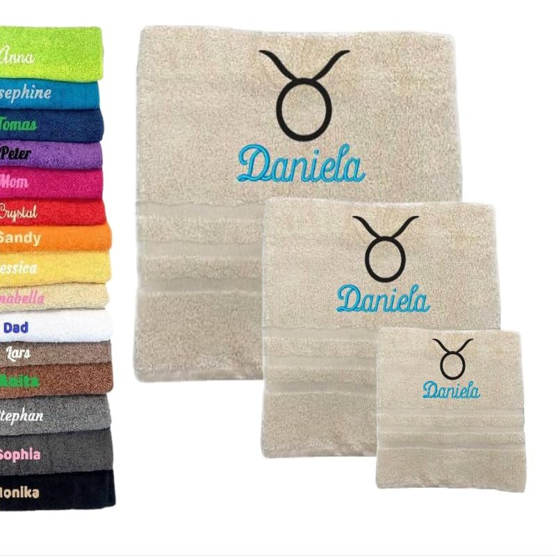 3 Pack Personalised Bath Towel with Name Beautifully Embroidered Name Embroidered Zodiac Signs Cotton Towel Personalized Gift (Taurus, 55 x 27.5 inch + 39 x 20 inch + 20x11.8 inch)