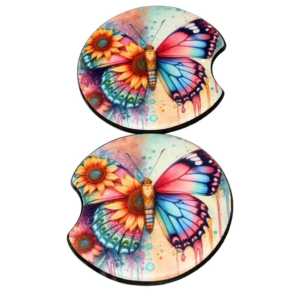 Butterfly Sunflower Set of 2 Neoprene Car Coasters, Fall, Autumn, Birthday, Christmas, Holiday Gift