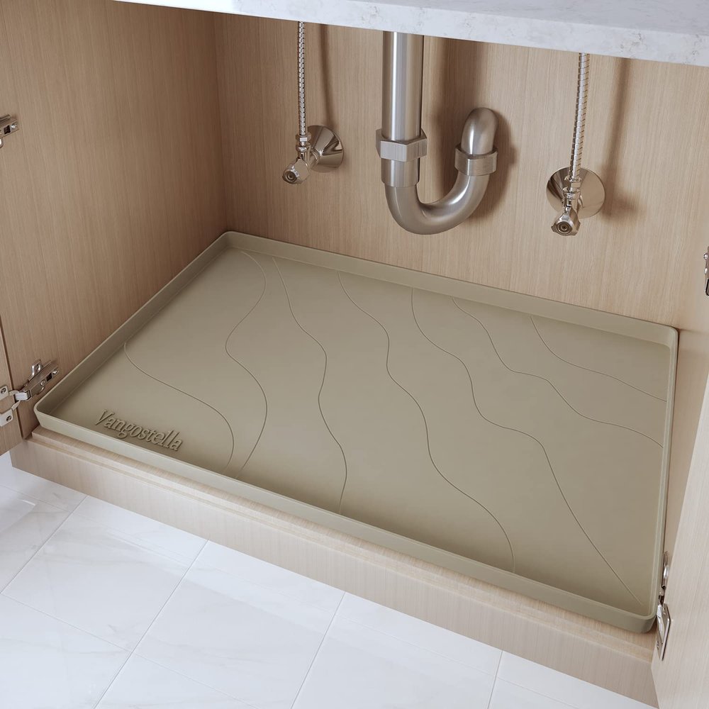 Vangostella Heavy Duty Silicone Under Sink Mats for Kitchen Waterproof 22" x 22", Extra Thick Under Sink Rubber Mat Drip Tray, Raised Edge Under Sink Liner,Prevent Drips, Leaks, Spills,Brown