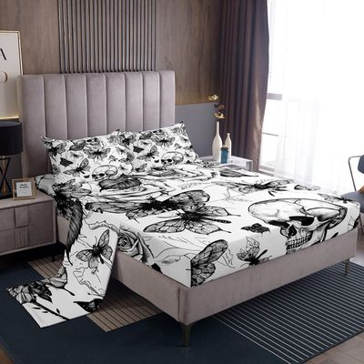 Feelyou Halloween Bed Sheets Set Twin Size Sugar Skull Sheet Set Girls Decor Death Moth Skull Decor Skeleton Roese Vintage Halloween Decor Sheets with Deep Pocket Fitted Sheet Horror Theme Bedding Set
