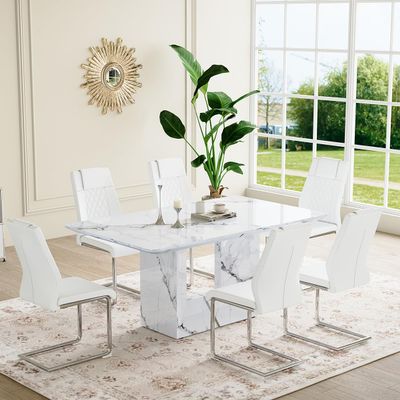 63'' Marble Rectangular Dining Table Set, 7 Piece with MDF Top and Base, 6 PU Leather Chairs with Chrome Legs