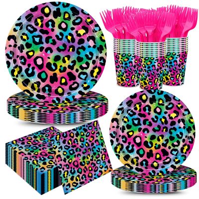 XIENBLOC 120pcs Neon Rainbow Leopard Birthday Party Supplies Paper Plates Napkins Cheetah Girl's Sparkly Splatter Paper Tableware Set Disposable Cups Pink Forks 24 Guests