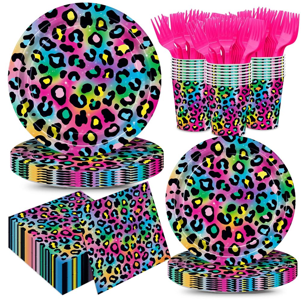 XIENBLOC 120pcs Neon Rainbow Leopard Birthday Party Supplies Paper Plates Napkins Cheetah Girl's Sparkly Splatter Paper Tableware Set Disposable Cups Pink Forks 24 Guests