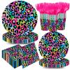 XIENBLOC 120pcs Neon Rainbow Leopard Birthday Party Supplies Paper Plates Napkins Cheetah Girl's Sparkly Splatter Paper Tableware Set Disposable Cups Pink Forks 24 Guests view 1