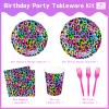 XIENBLOC 120pcs Neon Rainbow Leopard Birthday Party Supplies Paper Plates Napkins Cheetah Girl's Sparkly Splatter Paper Tableware Set Disposable Cups Pink Forks 24 Guests view 2
