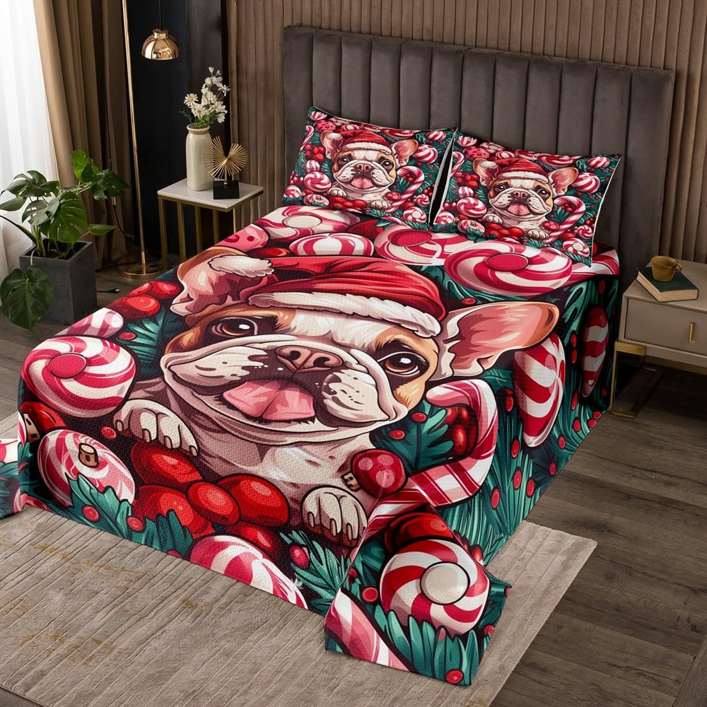 Cartoon Bulldog Kids Bedspread Twin Size,Xmas Ball Pine Leaves Christmas Coverlet Set,Boys Girls Room Decor,Cute Puppy Dog Animal Pet Rustic Quilted Coverlet,Red Green Bedding Quilt,1 Pillowcase