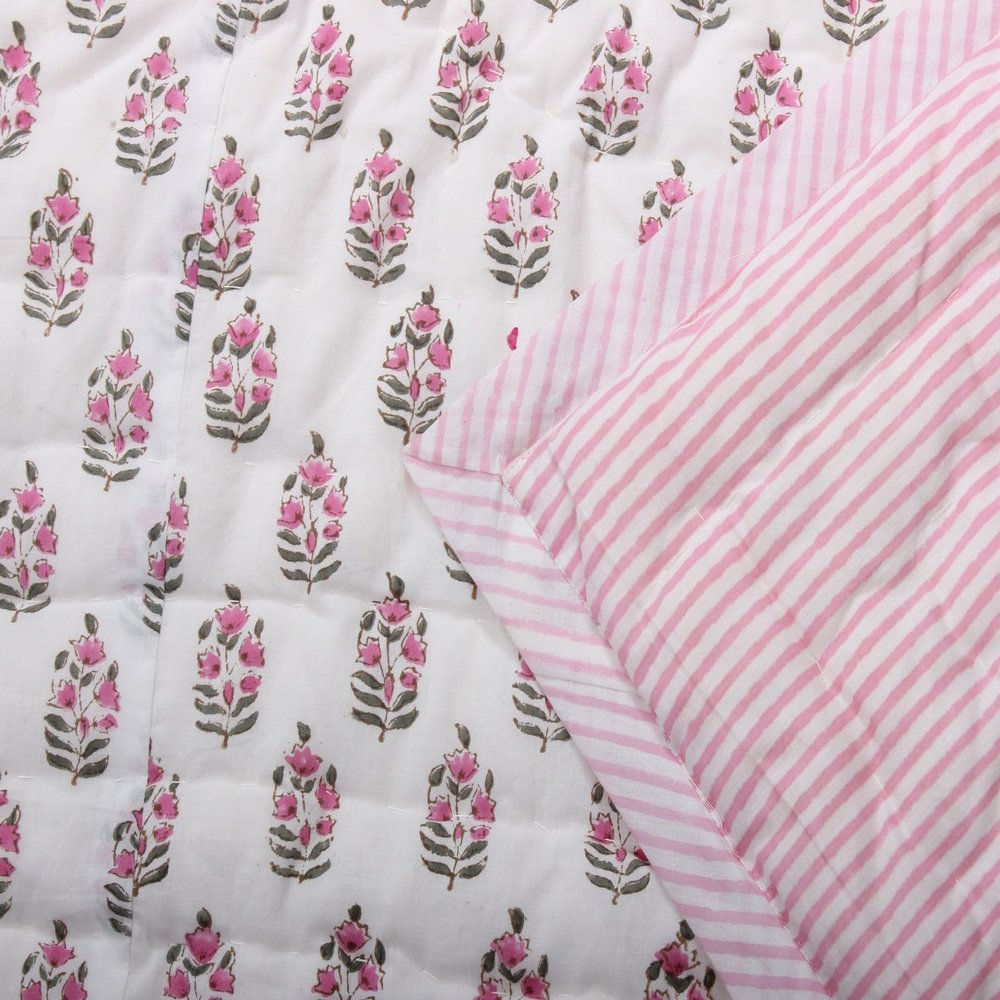 Ridhi Cotton Reversible Quilt Hand Block Printed King 96 X 106 Punch Pink Soft Lightweight Blanket for Sofa Couch & Bed Dcor Lightweight Soft Breathable Handmade