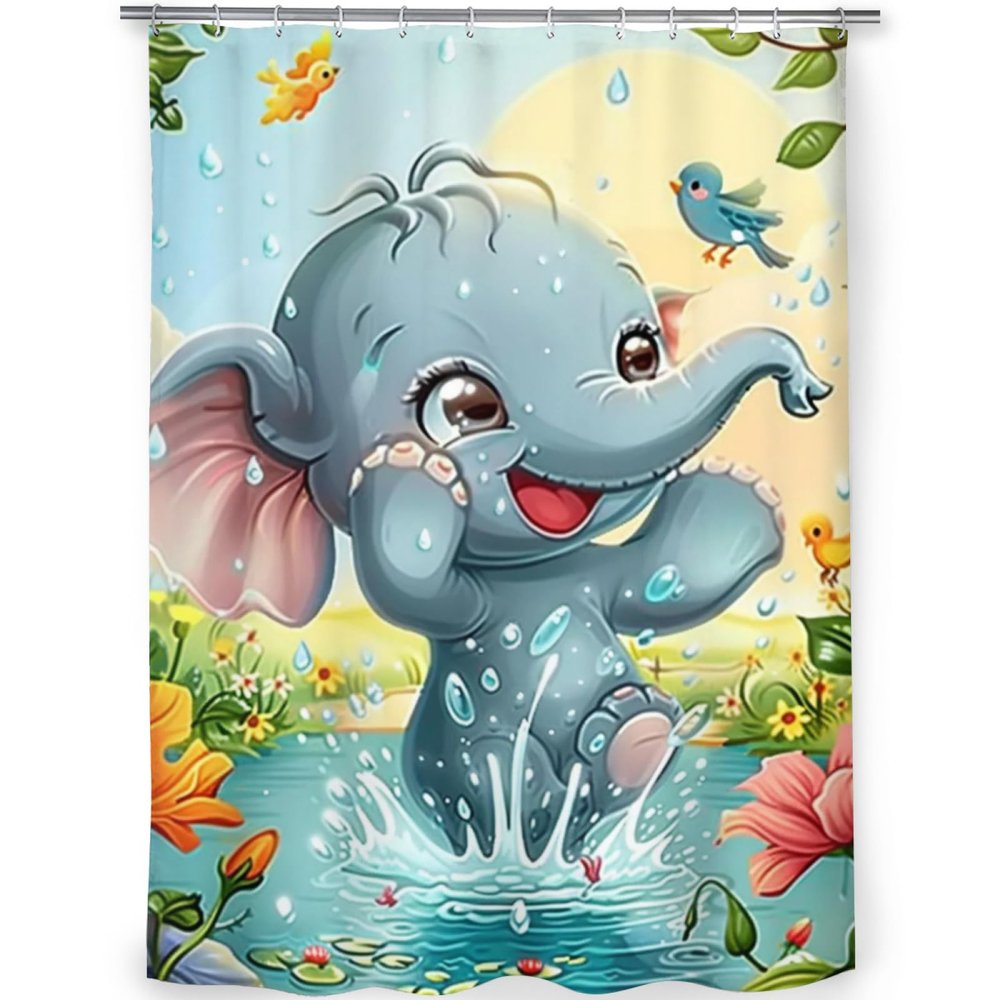 RMSGOZO HD Printed Shower Curtain for Bathroom, Cartoon Cute Elephant Shower Curtain 60X72 Inches, Thickened Opaque Shower Curtain, Metal Rust-Resistant Grommet Design with 12 Hooks