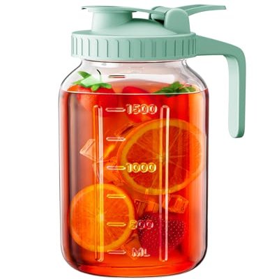 64 oz Glass Pitcher with Lid, Large Wide Mouth Mason Jar with Pour Spout, Green Sun Tea Glass Jar for Outside, Drink Pitcher Great for Drink, Cold Beverages and Breast Milk