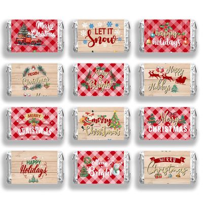arricraft 120 Pcs Merry Christmas Mini Candy Bar Wrappers, Red Plaid Elk Xmas Tree Chocolate Bar Label Stickers Self Adhesive Stickers for Christmas Winter Holiday Party Favors(No Candy)