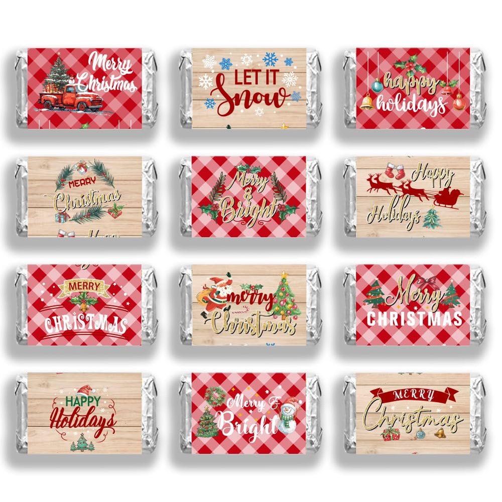 arricraft 120 Pcs Merry Christmas Mini Candy Bar Wrappers, Red Plaid Elk Xmas Tree Chocolate Bar Label Stickers Self Adhesive Stickers for Christmas Winter Holiday Party Favors(No Candy)