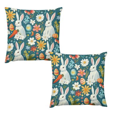 ArogGeld Chinoiserie Pillow Covers Set of 2 Rabbit Easter Eggs Wildflowers Green Cushion Covers Watercolor Bunny Colorful Floral Sofa Pillow Cover Decorative Short Plush Pillow Sham 20"x20"
