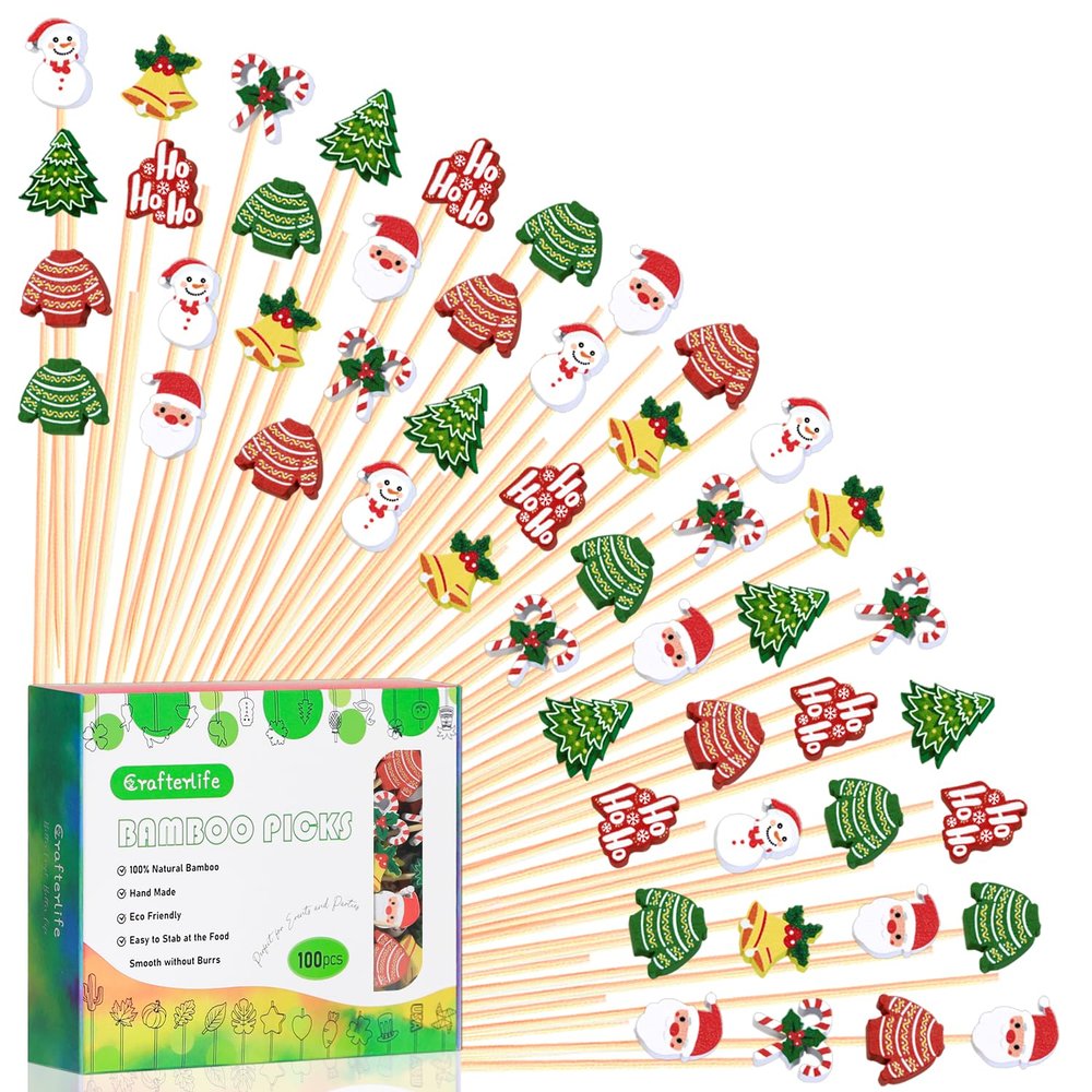 100Pcs, 5", Christmas Cocktail Picks Xmas Decor Toothpicks Fruit Sticks Food Sandwich Appetizer Charcuterie Skewers, Xmas Tree Snowman Bell Santa Claus Themed Christmas Decorations Party Supplies