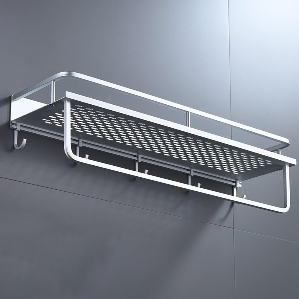 EHCBFCVN Space Aluminum Bathroom Shelf, Wall Mounted Storage Rack, Wall Storage Rack, Skeletonized Design with Hooks and Crossbars, Suitable for Washroom, Kitchen, Student Dormitory(50 * 14 * 13cm)