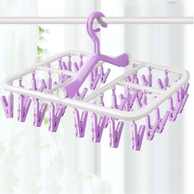 SPXTOM Foldable Drip Hanger, Sock Drying Rack with 20 Clips, Wind-Proof Hook, Underwear Storage Rack, for Drying Socks, Clothes, Bras, Towel, Hat, Scarf, Gloves(Purple)