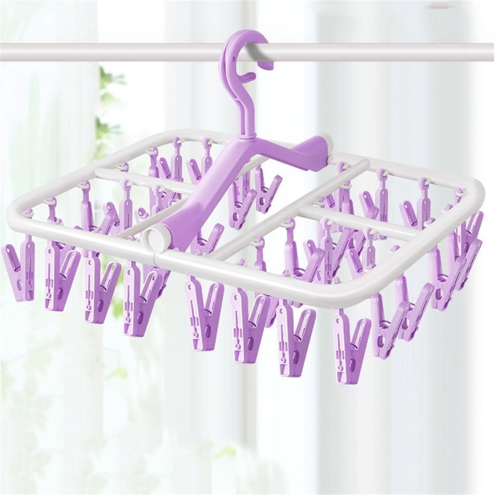 SPXTOM Foldable Drip Hanger, Sock Drying Rack with 20 Clips, Wind-Proof Hook, Underwear Storage Rack, for Drying Socks, Clothes, Bras, Towel, Hat, Scarf, Gloves(Purple)