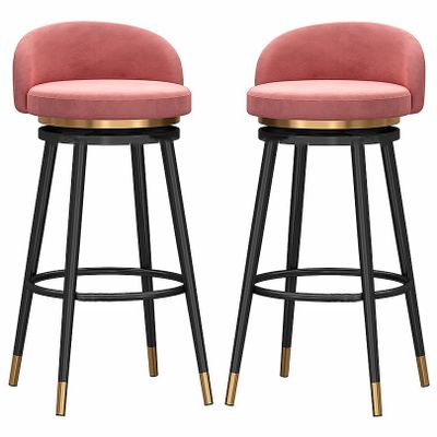 Round Bar Stools Set of 2, 65/75cm Height Bar Chairs 360 Swivel Counter Height Stools with Velvet Upholstered Seat and Black Metal Legs, Modern Tall Bar Stools for Kitchen Counter Bistro Pub